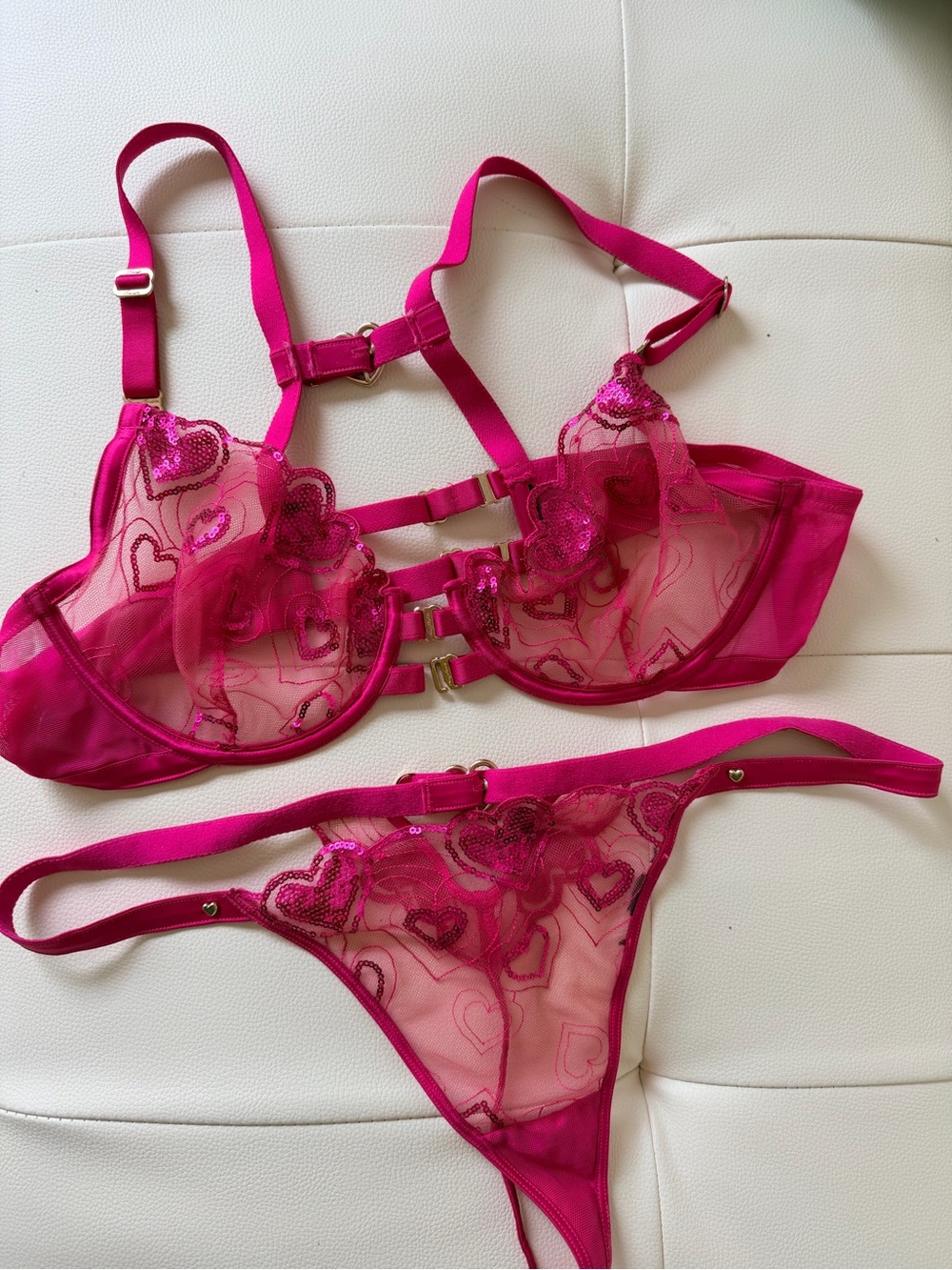 Honey Birdette Juliet,  38D & L Women's Hot Pink Sheer Heart Bra & Thong Set